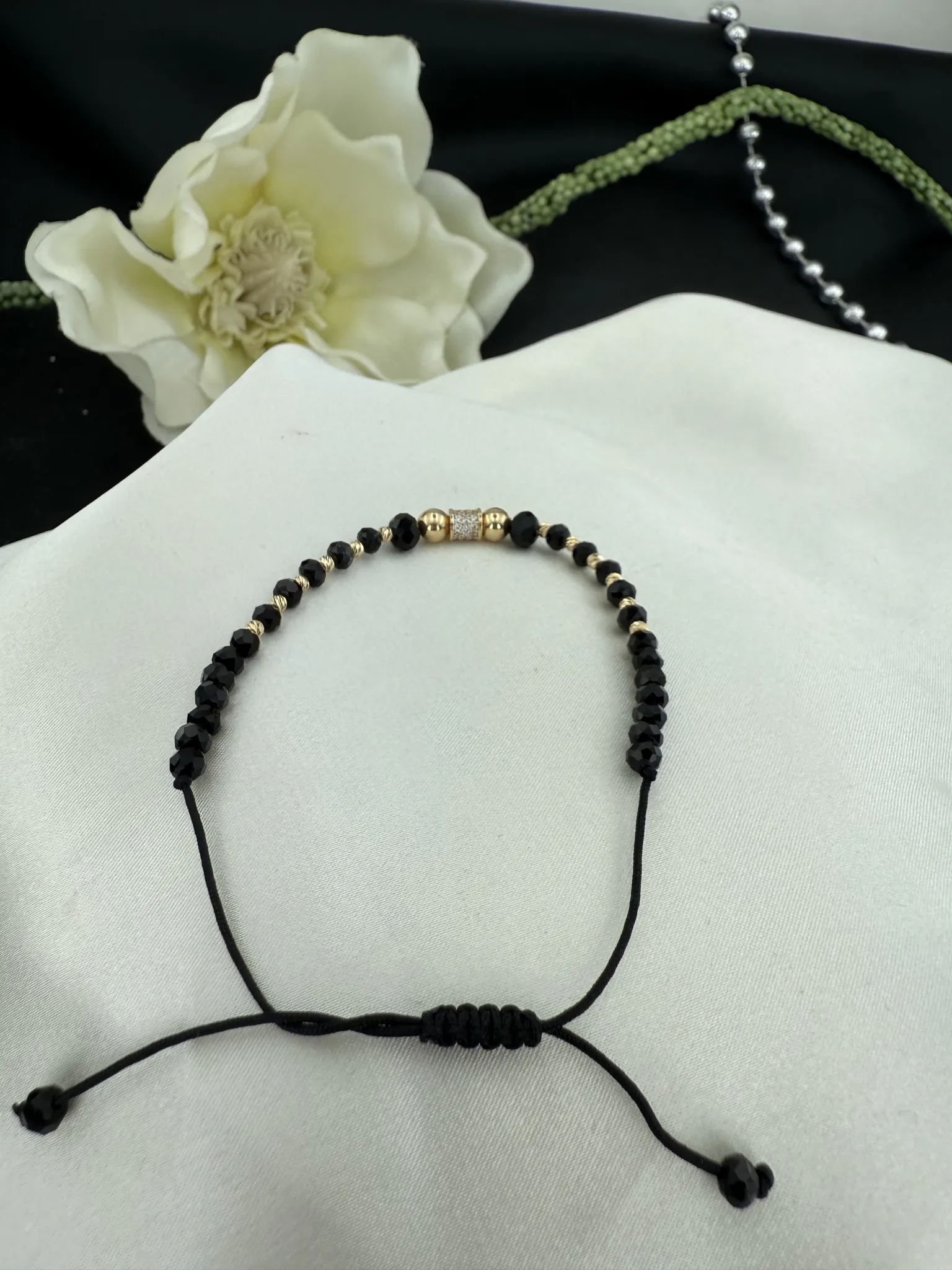 Unisex Siyah Taşlı Dorika İpli Bileklik